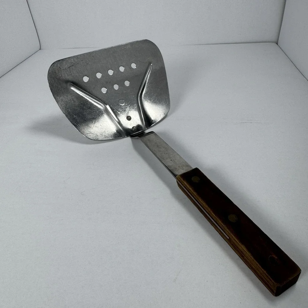 Vintage Vernco Stainless Steel Slotted Spatula Serrated Edge Wood Handle Japan